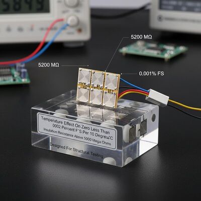 Efecto de la temperatura en cero Menos del 002 por ciento F S por 10 grados centígrados Medidores de deformación que ofrecen resistencia al aislamiento superior a 5000 mega ohms Diseñados para pruebas estructurales